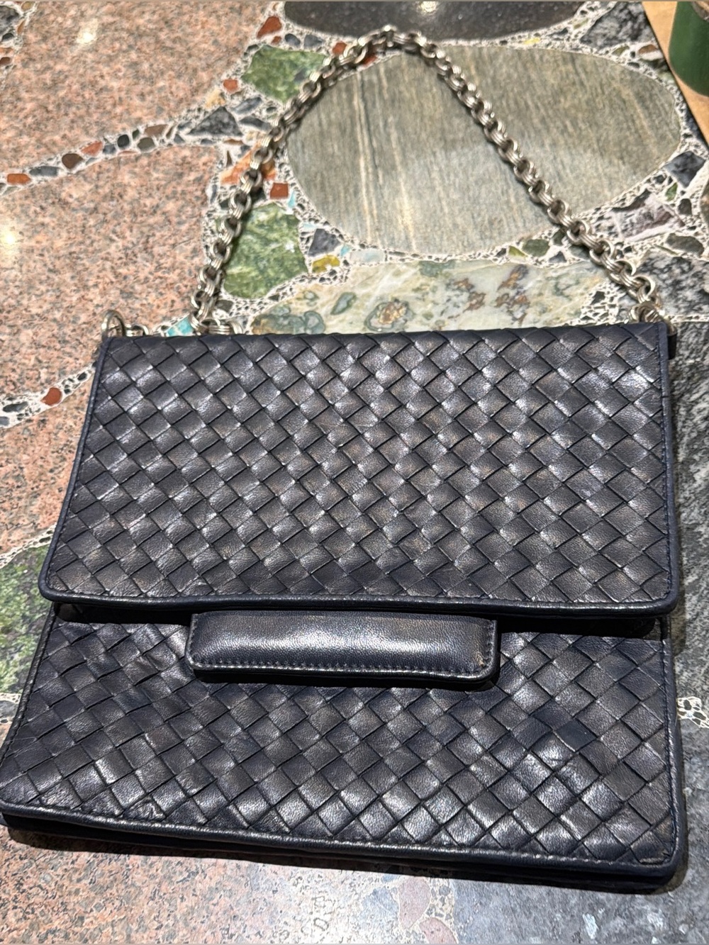 Bottega Veneta dark navy blue Woven Leather Shoulder Bag with Chain vintage